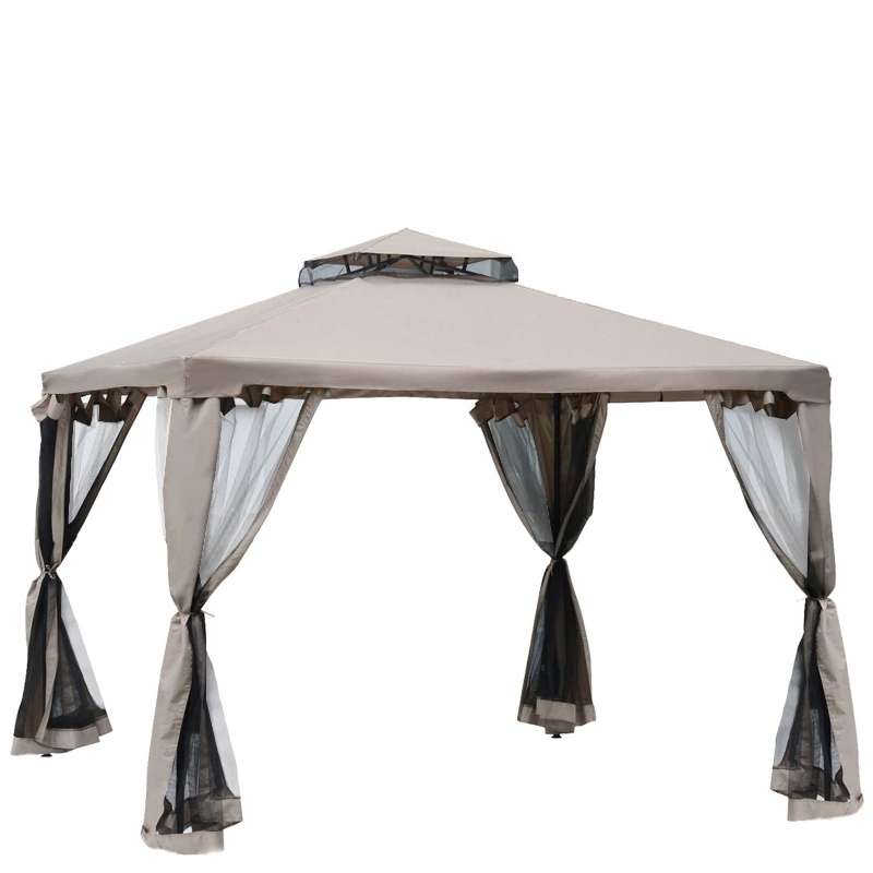 10 8217; x 10 1817; Patio Gazebo Pavilion Canopie Tent, 2-Tier Soft Top cu Netting Mesh Sidewalls, Taupe